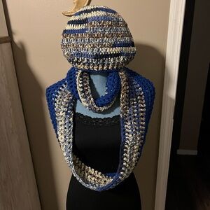 Blue and Cream Crocheted Scarf and Hat Set